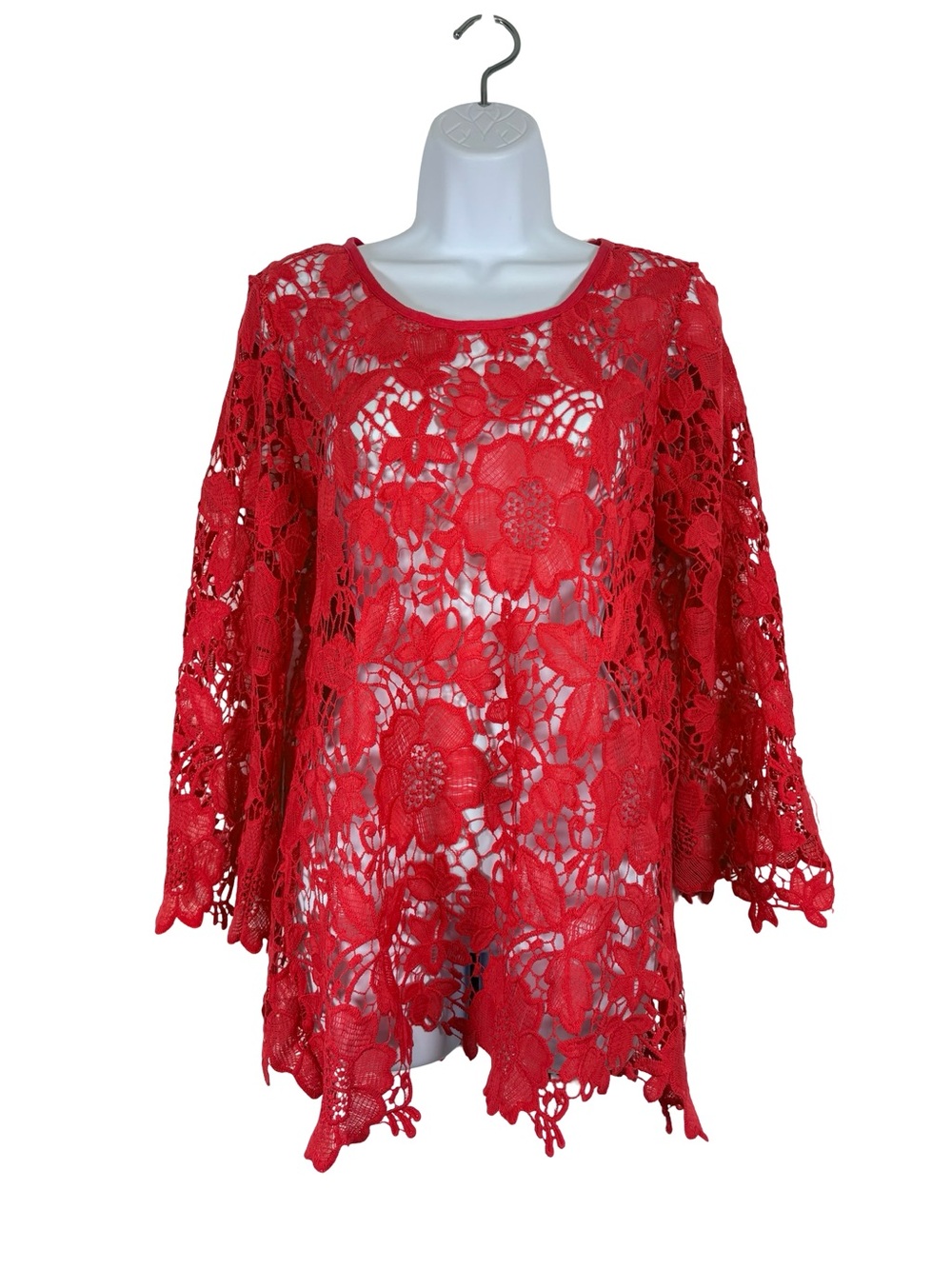 Forgotten Grace Red Floral Lace Top Sheer Boho Tunic Size L